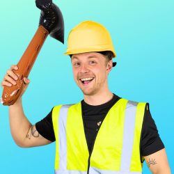 Entertainer dressed as a builder with a high res vest on