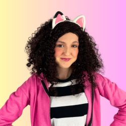 Gabby-inspired children’s party entertainer wearing a pink hoodie, striped top and cat ears, waving and smiling against a pastel background.