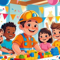 Cartoon showing a builder and children